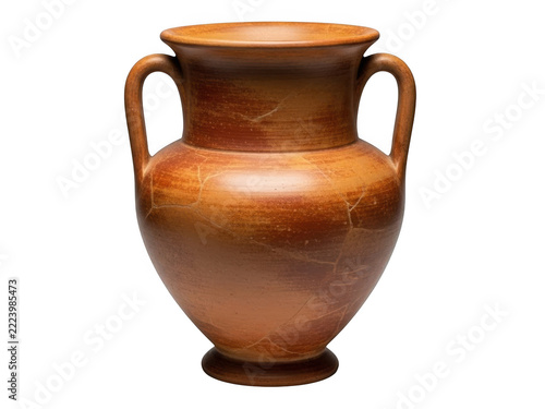 Ancient clay vase with two handles for home decor and historical display isolated on transparent background