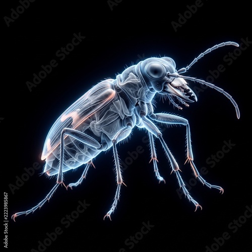X-ray style illustration of a beetle, showcasing its internal structure and exoskeleton with a glowing blue outline on a dark background.