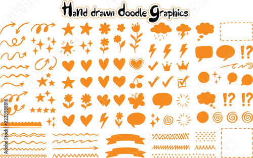 Hand drawn doodles, sketch elements with cute, cartoon, orange, comic effects. Scribble arrow icons, heart shapes with different lines. Speech bubble, star clipart. Vector graphic set
