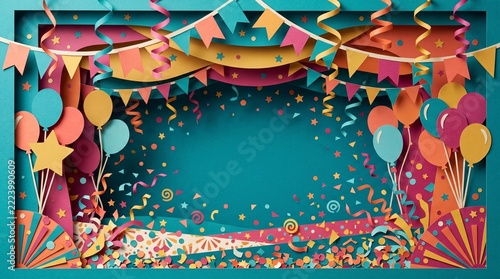 Colorful paper cutout party background with festive balloons