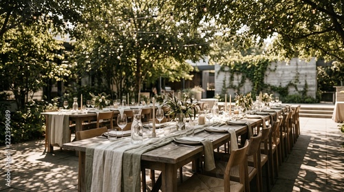 Elegant outdoor wedding reception table setting with rustic wooden