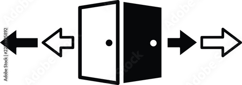 Open Door Icons with Entrance and Exit Arrows in Black and White
