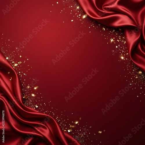 Luxury red silk fabric background with draped corners and scattered gold glitter creating elegant festive design for celebration or special event.