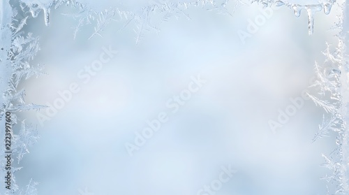 Frost patterns with icicles forming icy frame on window glass for winter seasonal backdrops.