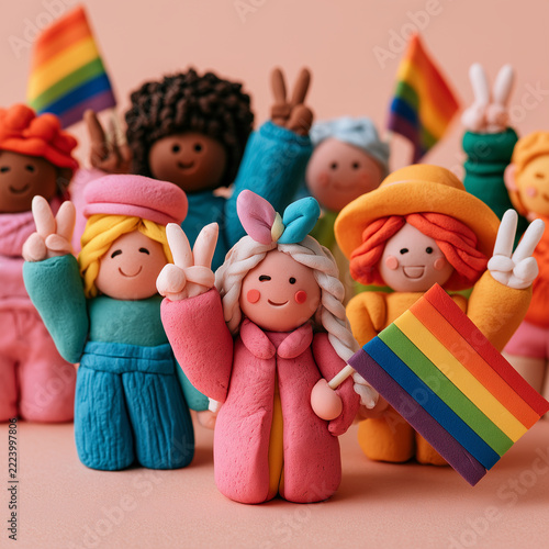 Colorful clay figures wave flags with joyful expressions. Children embrace diversity through rainbow symbols and peace signs. Soft pastel background enhances the warm, inclusive mood