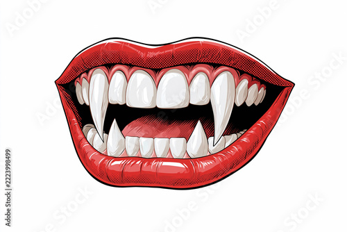 Red vampire lips with fangs in vintage pin-up comic style