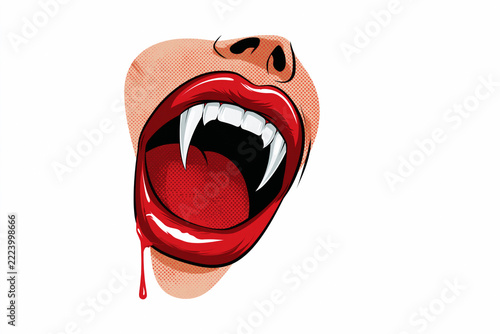 Open vampire mouth with fangs and dripping blood in vintage pin-up comic style