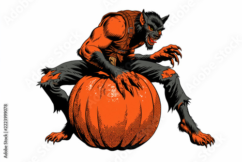 Werewolf monster crouching over pumpkin in vintage pin-up comic style