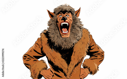 Howling werewolf monster in vintage pin-up comic style