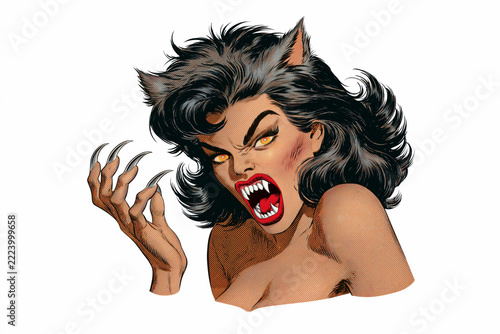Snarling female werewolf with claws in vintage pin-up comic style