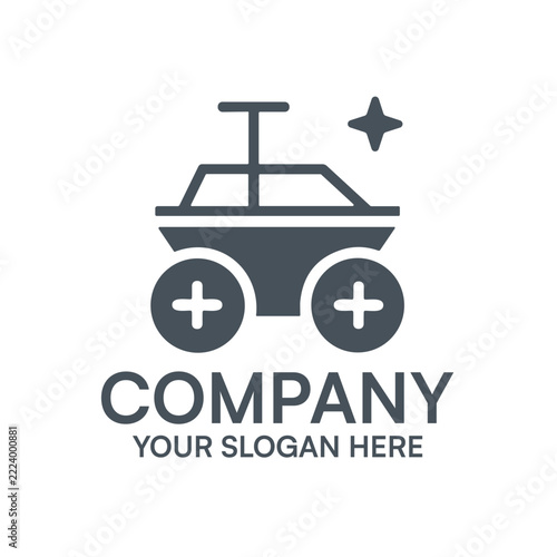 Minimalist vector logo design featuring a stylized rover or mobile vehicle silhouette with plus symbols on wheels and a small star icon for space exploration company