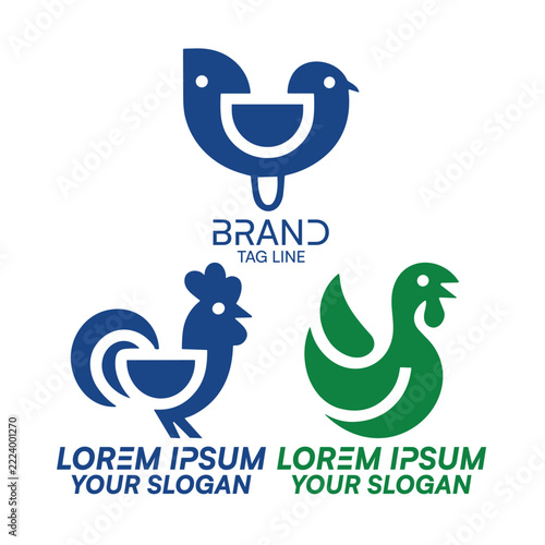 Minimalist vector logo set featuring stylized bird rooster and poultry designs with clean lines and geometric shapes perfect for farming agriculture and food industry branding identity