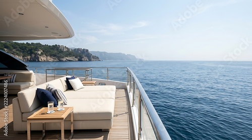 Luxury yacht sundeck with comfortable lounge seating overlooking the