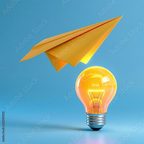 Yellow paper airplane flies over a glowing light bulb on a blue background.