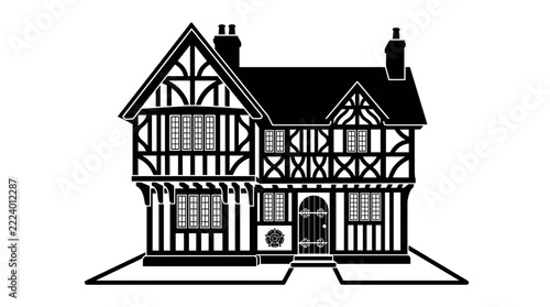 Tudor Style House Black and White Illustration 1.