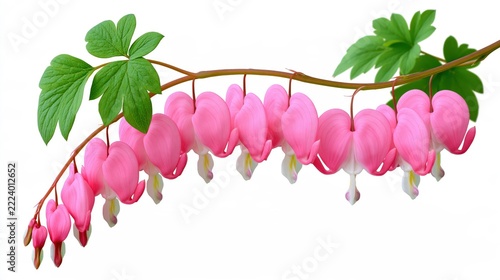 Delicate pink heartshaped flowers hang from a branching stem with green leaves.