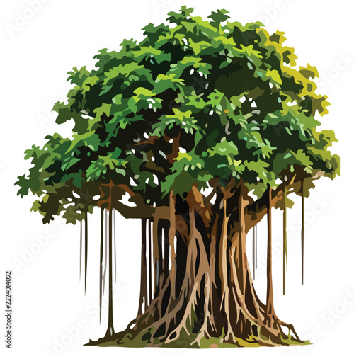 A banyan tree with aerial roots is depicted in a vibrant vector illustration
