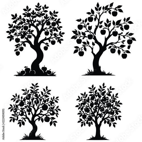 Set of four black apple tree silhouettes