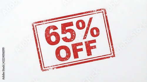 Red ink rubber stamp design with text 65 percent off for retail sales and shopping events