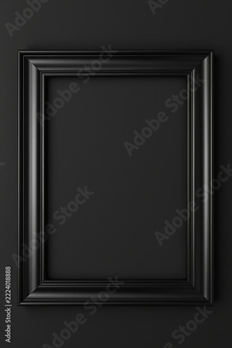 Empty black photo frame mockup on dark background wall