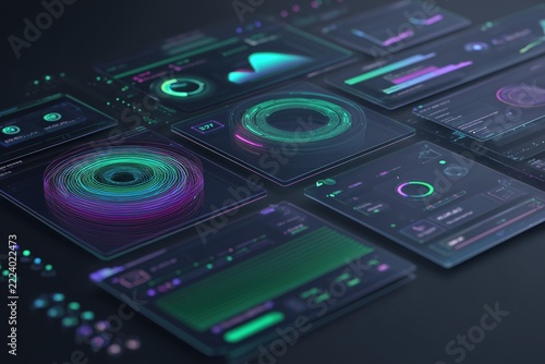 Futuristic interface with neon panels and buttons