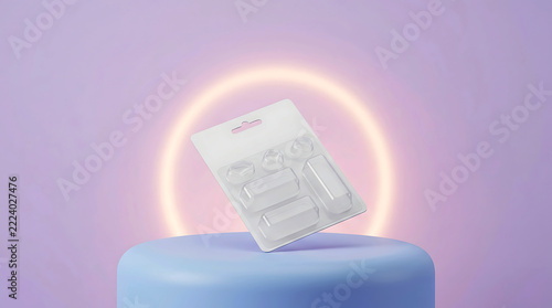 Clear plastic blister pack with product inserts on pastel background
