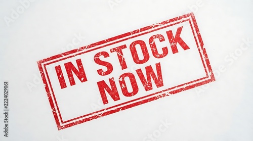 Red ink stamp reading in stock now on a white background with rubber availability