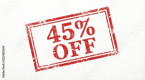 Red rectangular rubber stamp displaying forty five percent discount promotion with price reduction off ink