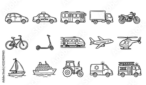 Hand Drawn Transportation Vehicle Outline Vector Icon Set