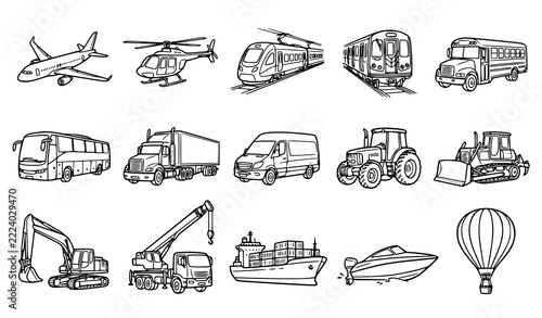 Travel Public Transport and Heavy Vehicle Hand Drawn Vector Icon Set