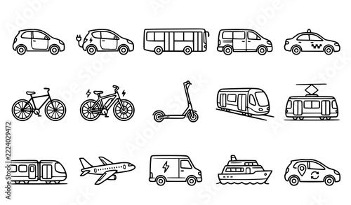 Modern Urban Transportation Hand Drawn Outline Vector Icons