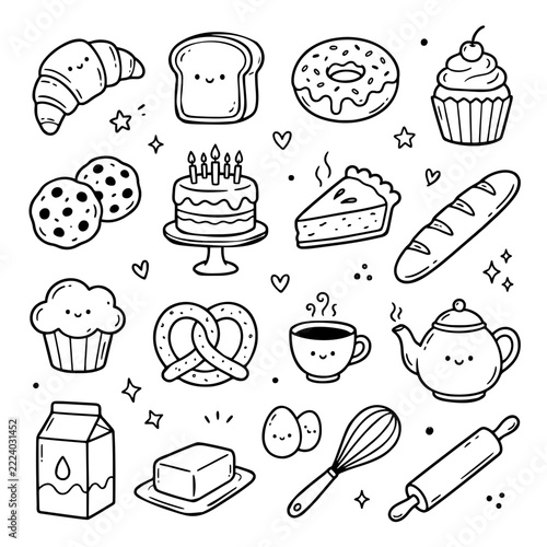 Cute Hand Drawn Food and Bakery Doodle Set, Black and White Kitchen and Pastry Vector Illustrations