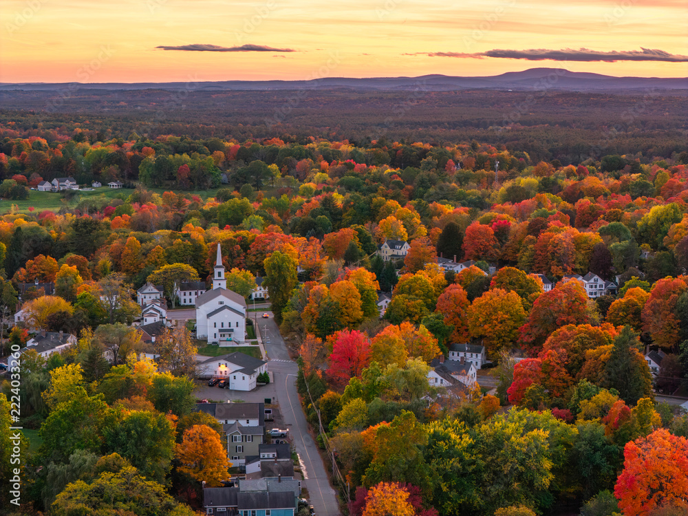 Fototapeta premium aerial view of small town downtown Groton MA