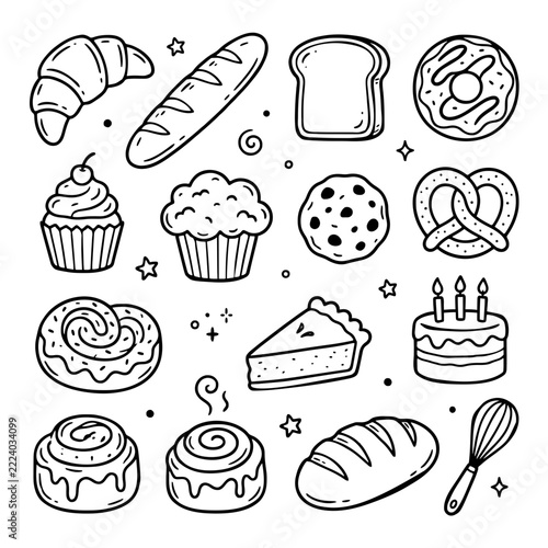 Cute Hand Drawn Bakery and Pastry Doodle Set, Black and White Bread and Dessert Vector Illustrations