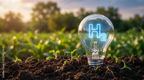 Glowing hydrogen H2 light bulb on soil with green sprouts representing clean energy