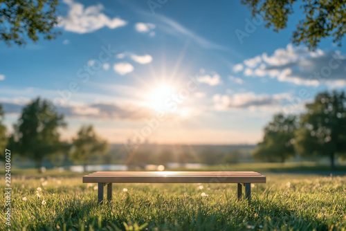 A wooden bench sits on a lush green lawn in a sunny park with a blurred background of trees and a bright sun shining in a blue sky with white clouds.