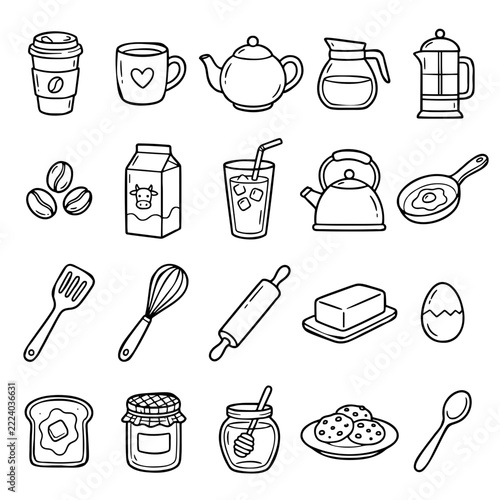 Cute Hand Drawn Coffee and Kitchen Doodle Set, Black and White Cafe and Breakfast Vector Illustrations