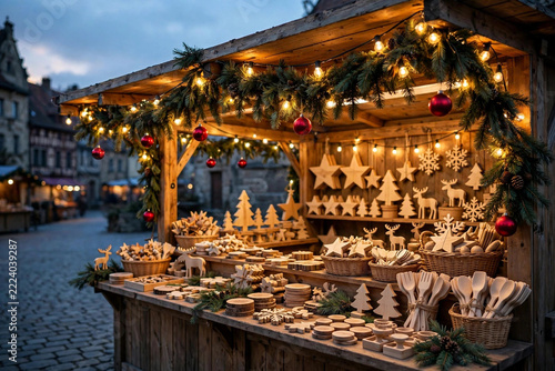 Cozy Christmas Market Stall at Dusk with String Lights