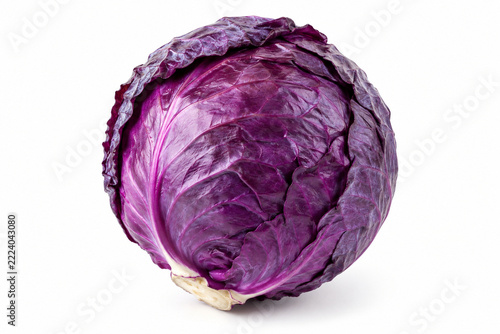 Fresh whole purple cabbage with detailed layered leaves and natural texture, isolated on pure white background, realistic food photography, soft studio shadow