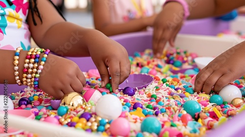 Childrens hands explore a colorful sensory bin filled with small objects.