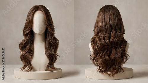 Mannequin head wearing a long, wavy brown wig with a center part, displayed from front and back angles on a neutral studio background, professional hair photography