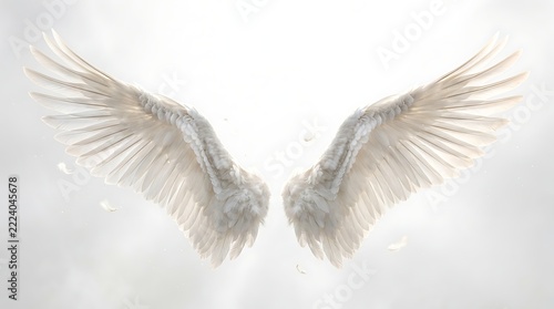 Majestic white angel wings spread wide, isolated on white background, ethereal and soft feathers with a divine, heavenly aesthetic for spiritual or fantasy concepts