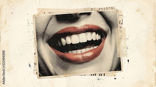 A vintagestyle collage featuring a closeup of a smiling mouth with bright teeth, presented as a halftone print on aged, textured paper, evoking a sense of nostalgia and retro pop art aesthetics