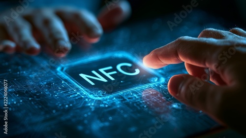 A 3D digital illustration of NFC wireless mobile payment technology, featuring a finger touching a smartphone screen to initiate a contactless transaction. 
