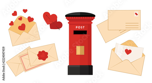 Valentine's Day love mail vector set with whole red post box open envelopes hearts and wax seal. Vector illustration.