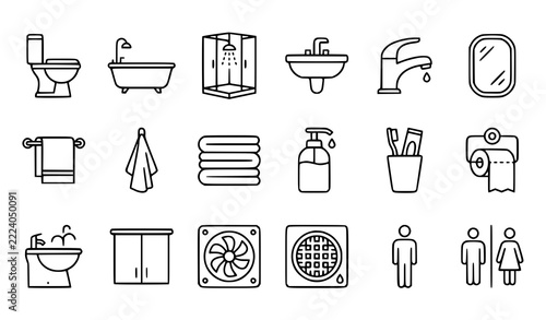 Modern Bathroom UI Outline Icons Set for Web and Mobile