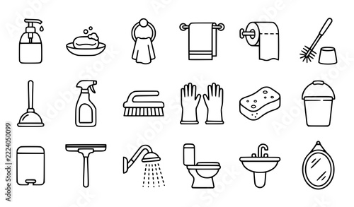 Bathroom Hygiene and Cleaning Outline Icon Collection
