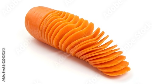A detailed close up view of a bright orange carrot expertly peeled into thin delicate ribbons using a kitchen vegetable peeler on a plain white