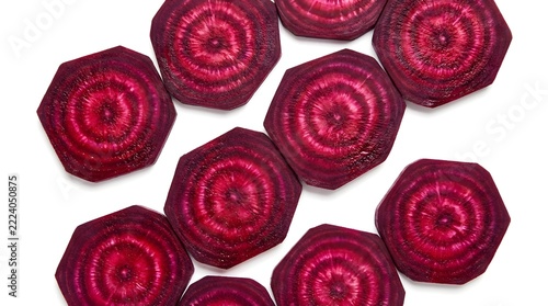 A vibrant overhead shot of intricately cut beetroot roses arranged closely together on a white surface showcasing their deep red color and delicate petals