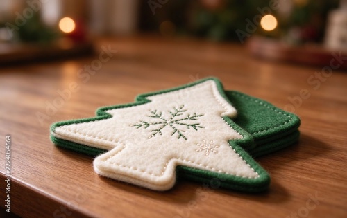 Christmas Felt Coasters, Green Cream Snowflake Stitched Pattern